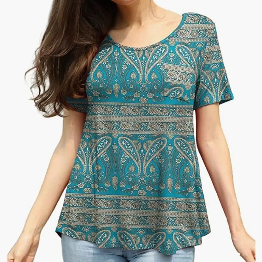 Women's Top Short Sleeve T-Shirt Paisley Print Blouse Size M